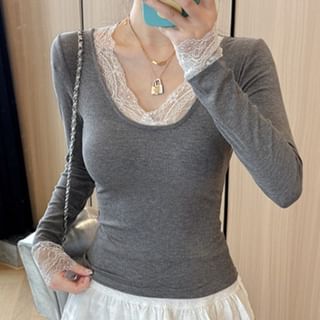 Lace-Trim V-Neck Slim Top