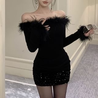 Mini Sequin Fluffy Dress Trim Plain Off-Shoulder Long-Sleeve Sheath