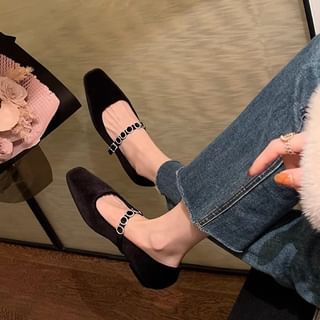 Jane Rhinestone Accent Velvet Heel Mary Pumps Low