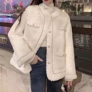 Round Neck Plain Contrast Trim Tweed Button Jacket