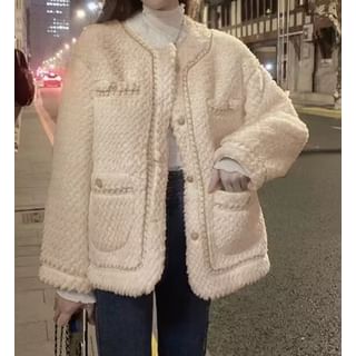 Round Neck Plain Contrast Trim Tweed Button Jacket