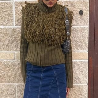Mock Neck Fringe Panel Zip Front Cardigan