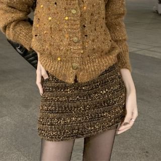 Crew Neck Melange Sequin Cardigan / Long Sleeve Collared Plain Pintuck Panel Lace Blouse / High Rise Tweed Mini A-Line Skirt