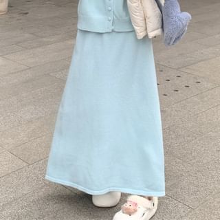 Stand Collar Cardigan & High-Rise Knit Skirt & Puffer Vest Set
