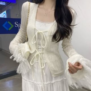 Fringed Tie Front Perforated Cardigan & Lace Camisole Set