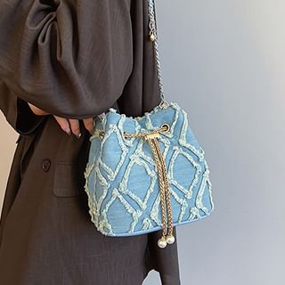 Bucket Drawstring Bag Chain Strap Frayed