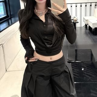 Plain Cropped Inverted Leg Rise Low Collar Pleated Tee Long-Sleeve Wide Pants /