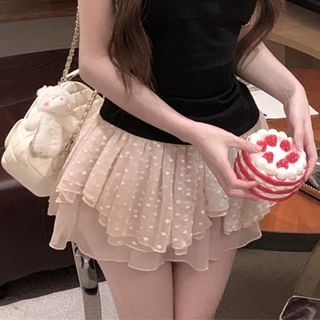 Mini Dotted A-Line / Rise Asymmetrical Skirt Scoop Plain Top Lace Neck Halter Mid Trim