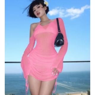 Drawstring Long-Sleeve Sheer Tee One-Shoulder Plain