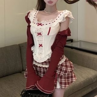 / Plaid Sleeveless Cardigan Waist Floral Ruffle Mini Striped Print Panel High Top A-Line Skirt Bow