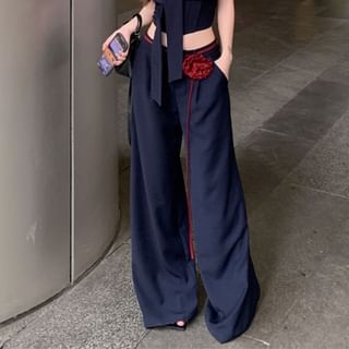 Waist Wide Crop Leg Top Two Front Tone Low Tie Tube Plain Pants /