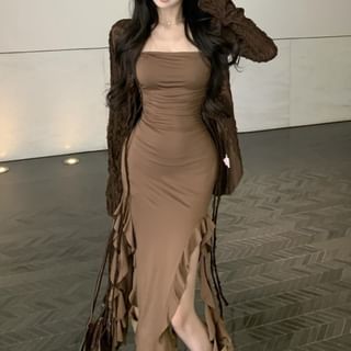 Butterfly Midi Long Top Plain Strapless Front Tie Trim Sleeve / V-Neck Print Bodycon Ruffle Dress