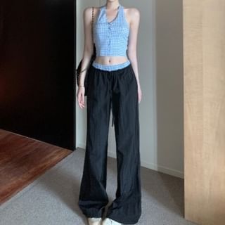 Pants V-Neck / Button-Up Low Wide Leg Crop Waist Top Halter Gingham