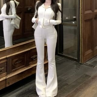 Hoodie Zip Crop High Plain / Sweatpants Flared Waist