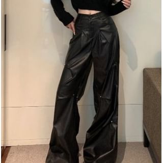 Top Faux Crop Leg Leather Plain Long-Sleeve Pants Rise Round High / Neck Wide