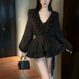 Long-Sleeve Ruffled V-Neck Blouse with Mini Flared Skirt