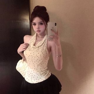 Halter Cowl Neck Dotted Tank Top with Velvet Mini Skirt Set
