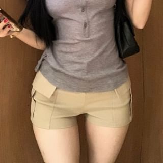 High Collared Short-Sleeve Plain Pants Tee Hot / Fit Waist Slim Half-Buttoned