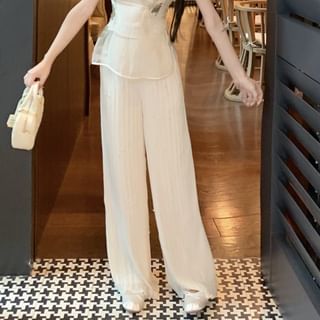 Cap-Sleeve Stand Collar Floral Embroidered Frog Buttoned Slit Top / Plain Crop Tube Top / High Rise Wide Leg Pants / Set