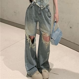 Washed Frayed Button-Up Denim Crop Tube Top / High Rise Ripped Loose Fit Jeans