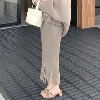 V-Neck High Pencil Open Waist Fringe Skirt Maxi Jacket Top Camisole Plain Trim / Front Lace