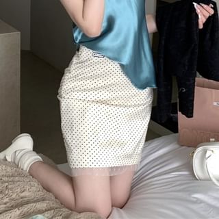 Cami Plain Dotted / V-Neck Embroidered High Cardigan Skirt Top Mini Rise Pencil Satin