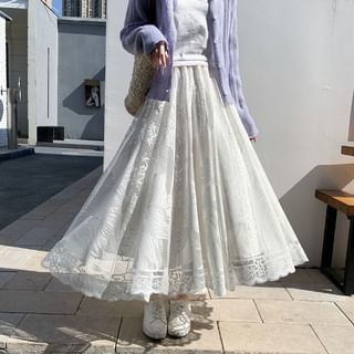 Waist Lace Floral Trim Maxi A-Line High Skirt