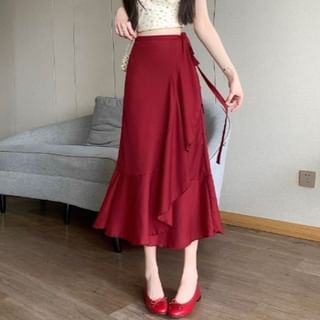 Waist Ruffle Midi Plain A-Line Skirt High