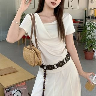 Plain Fit Neck Cowl Short-Sleeve T-Shirt Slim Ruched