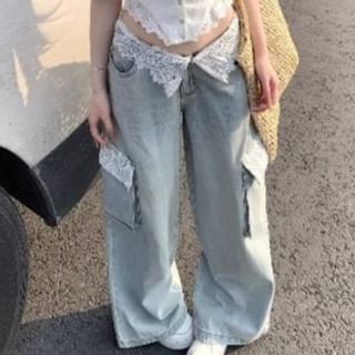 Rise Low Crop Lace Leg Button-Up Trim Jeans Cargo Wide Top / Camisole Washed Panel
