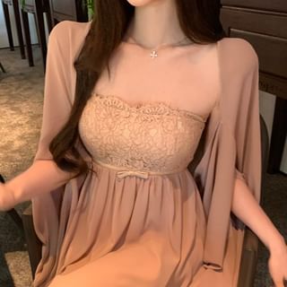 / Strapless Shawl Plain Dress Accent Lace Panel Mini Bow A-Line