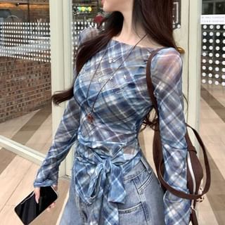 Long-Sleeve Plaid Boat Asymmetrical T-Shirt Sheer Neck