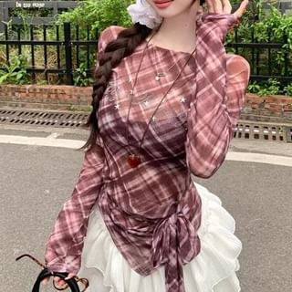 Long-Sleeve Plaid Boat Asymmetrical T-Shirt Sheer Neck