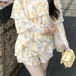 Shoulder Long / Waist Off Print Ruffle Blouse Floral Shorts High Sleeve