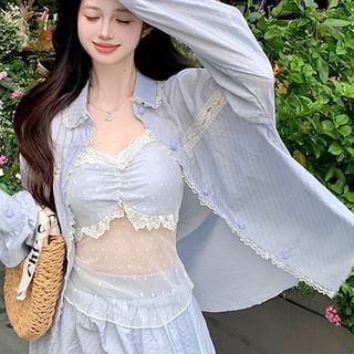 Lace Trim Crop Set: Camisole, Skirt, Shirt - LaceLux