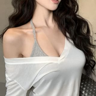 Plain Neck Tee / Top V-Neck Halter Long-Sleeve Scoop