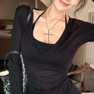Plain Neck Tee / Top V-Neck Halter Long-Sleeve Scoop
