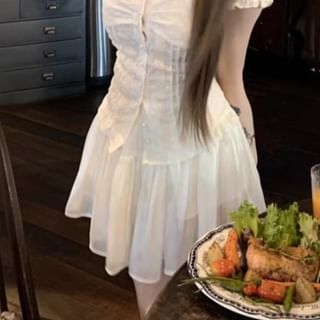 A-Line Shirred Blouse Mini Plain Rise Off-Shoulder High / Skirt Ruffled