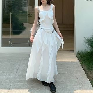 Elastic Waist Trim Asymmetrical Tank A-Line / Fit Ruffle Midi Skirt Top Plain Slim