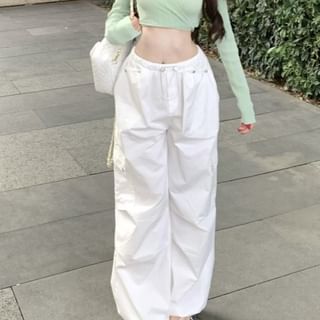 Drawstring Ribbed Crop / Knit Long-Sleeve Plain Leg Wide V-Neck Waist Top Cargo Pants