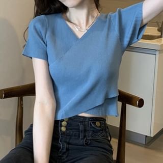 Asymmetrical Short-Sleeve Crop V-Neck Plain Ribbed Tee