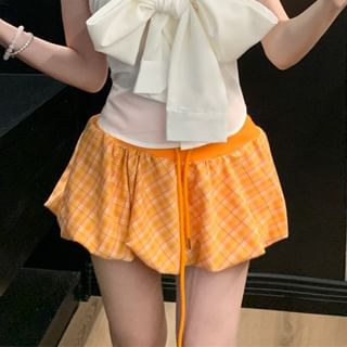 Plaid Bow Plain A-Line Tube Skirt Top Waist / Mini Balloon Drawstring