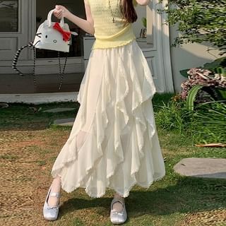 Lace-Embellished Ruffle Maxi Flared Skirt