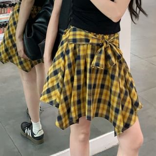Ruched Crew Neck Tee and Plaid Mini Skirt