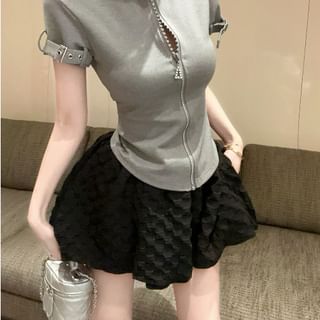 Mock Neck Rhinestone Fitted Tee & Mini Flared Skirt