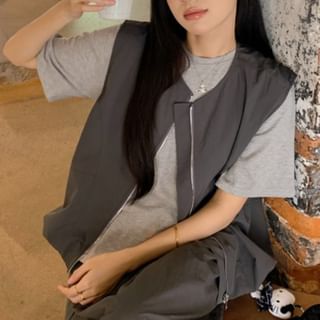 Crew Neck Tee with Zip Vest and Frill Balloon Skirt