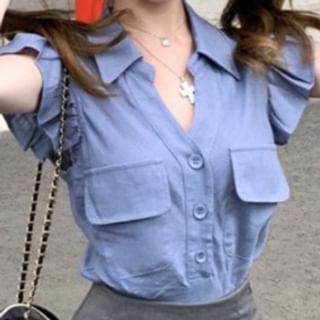Cap-Sleeve V-Neck Ruffle Blouse & Slit Skirt