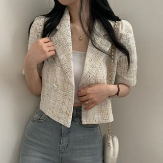 Short-Sleeve Double Breasted Tweed Crop Blazer
