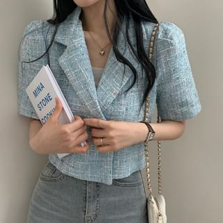 Short-Sleeve Double Breasted Tweed Crop Blazer