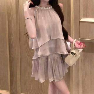 Pearl-Beaded Crew-Neck Sleeveless Blouse with High-Waist Mini Flared Skirt